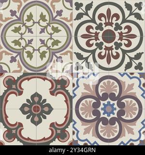 Ceramic tiles. Hydraulic ceramics with Portuguese and Spanish motifs. digital design. Different types of floral decorative ornament. EPS Illustration. Stock Vector