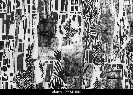 Abstract grunge black and white backdrop with scraps of paper and black paint spots. Torn paper texture and painting stains background. Stock Photo