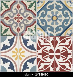 Ceramic tiles. Hydraulic ceramics with Portuguese and Spanish motifs. digital design. Different types of floral decorative ornament. EPS Illustration. Stock Vector