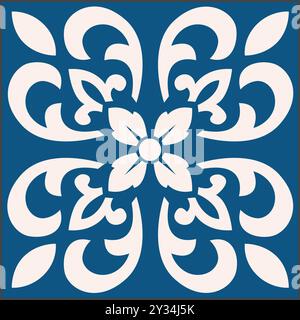 Portuguese tile. Tiles in white and blue. Ceramic Tiles. Hydraulic Portuguese ceramic floral design. EPS Illustration Stock Vector