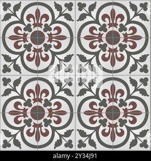 Ceramic Tiles. Hydraulic ceramic. Digital design. Floral decorative ornament. Portuguese and Spanish decoration. EPS Illustration. Stock Vector