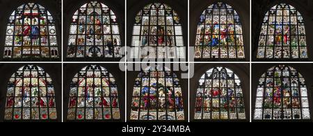 Ten church windows, stained glass with biblical motifs from the 15th century, St Jakob's Church, built around 1400, Pfarrpl. 11 A, Straubing, Lower Ba Stock Photo