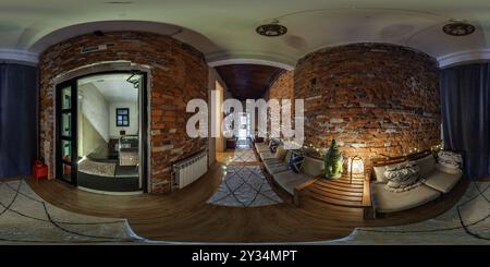 360 hdri panorama in loft reception near emergency and evacuation exit stair in red bricks wall corridor in full seamless spherical equirectangular pr Stock Photo