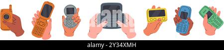 Hands hold flip mobile phones. Old mobile phone from the 90s. Retro electronic devices. Vector illustration. Stock Vector