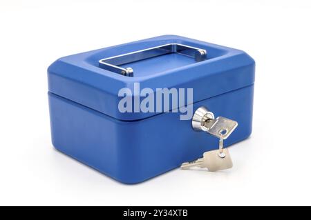 Blue safe close with a key on a white background Stock Photo