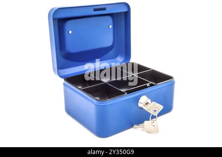 Open blue safe with a key on a white background Stock Photo