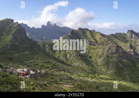 View of the village of Las Portelas and the mountains on the road to Masca in the west of Tenerife in Spain Stock Photo