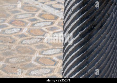 Ancient Column and Mosaic: Stobi 359 BC, Macedonian Heritage. Stock Photo