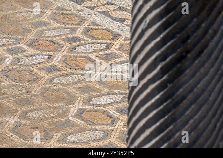 Ancient Column and Mosaic: Stobi 359 BC, Macedonian Heritage. Stock Photo