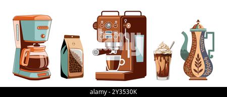 Coffee elements set, machine, cup, bean bag, pot. Stock Vector