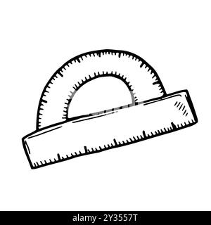 Simple black outline icon of protractor. Doodle drawing of measure tool. Vector illustration of geometry and math supply. Stock Vector