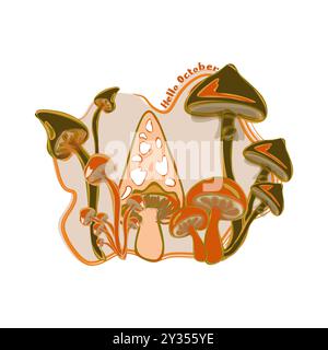 Hello October. Hello autumn. Template with colorful mushrooms and modern hand lettering. Sketch, design elements. Vector illustration suitable for car Stock Vector