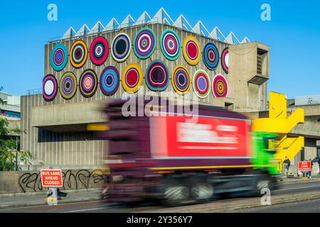 London, UK. 12th Sep, 2024. Target Queen by Bharti Kher - their first outdoor work at a London institution. The commission is positioned across the Hayward Gallery's eastern and southern facades, 'celebrating and playfully interacting with the iconic architecture of the Southbank Centre.' Credit: Guy Bell/Alamy Live News Stock Photo