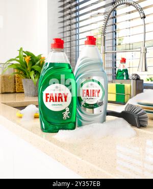 Fairy Liquid washing up liquid in a kitchen environment. Stock Photo