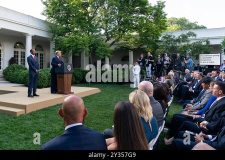 President Donald J. Trump addresses his remarks as he welcomes Tiger Woods, his family and guests Monday, May 6, 2019, to the Rose Garden of the White House - (Official White House Photo by Andrea Hanks) Stock Photo