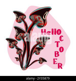Hello October. Hello autumn. Template with colorful mushrooms and modern hand lettering. Sketch, design elements. Vector illustration suitable for car Stock Vector