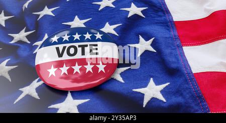 Vote on US America election, text on pin badge, United States flag background. 3d render Stock Photo