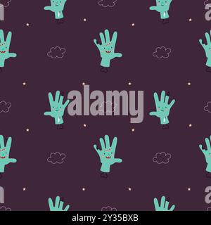 Pattern in cheerful zombie hands.Cute Horror background for textiles, toys, packaging, poster. Stock Vector