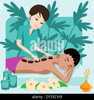 Hot Stone Massage. Therapy and treatment by professional therapist in SPA. Isolated flat vector illustration. European and Indian ethnicity. Stock Vector