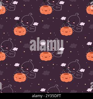 Pattern of funny ghosts with pumpkins. Halloween concept.Wrapping paper design Stock Vector