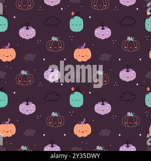 Halloween seamless Pattern of funny pumpkins on a white background. Halloween concept. Jack-o-lanterns. Design for wrapping paper, textile. Stock Vector