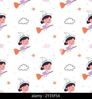 Pattern of cheerful witches on a white background. Halloween concept. Stock Vector