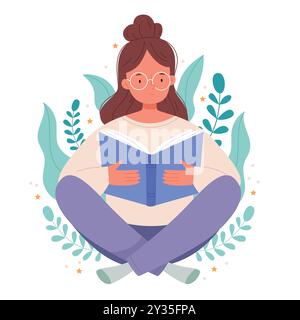 The girl is reading a book. The concept of reading.Education, self development concept on floral background Stock Vector