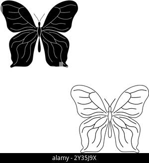 Set of Silhouette Butterflies Isolated. insects butterfly outline, tattoo, coloring, vector set Stock Vector
