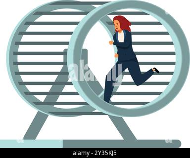 Businesswoman is running in a hamster wheel, symbolizing the repetitive and exhausting nature of corporate life Stock Vector