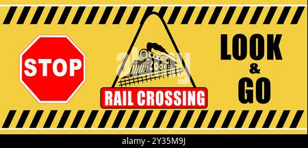Rail Crossing Caution sign board triangle shape horizontal Stock Vector