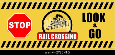 Rail Crossing Caution sign board horizontal Stock Vector