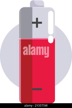Red battery with half charge remaining is standing in front of a grey circle Stock Vector