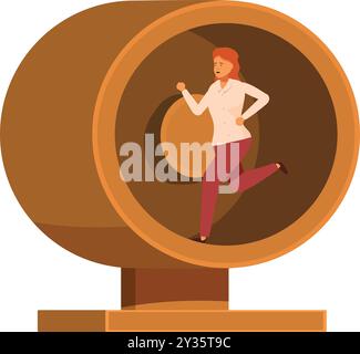Businesswoman is running in a hamster wheel, illustrating the concept of being stuck in a rut at work Stock Vector