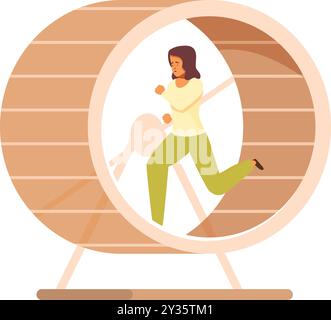 Businesswoman is running in a hamster wheel, looking stressed and overworked Stock Vector