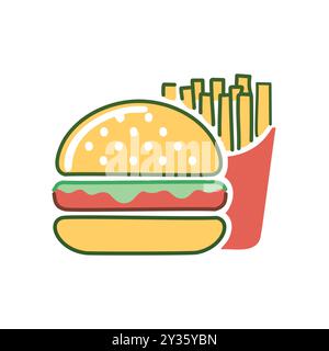 Cheeseburger and fries. Illustration of a hamburger with lettuce and a side of fries. Perfect for fast food, cafe and restaurant menus. Stock Vector