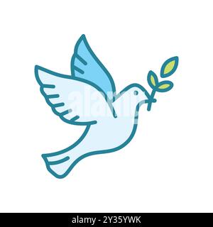 Peace dove icon. White dove flying with olive branch in beak, symbolizing peace, hope, and new beginnings. Stock Vector