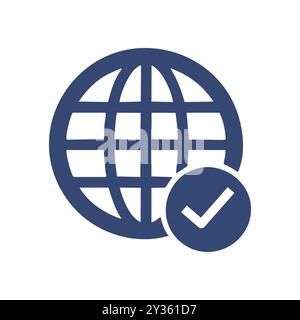 Global approval icon. Blue globe icon with checkmark. Represents global acceptance, approval, and success. Stock Vector