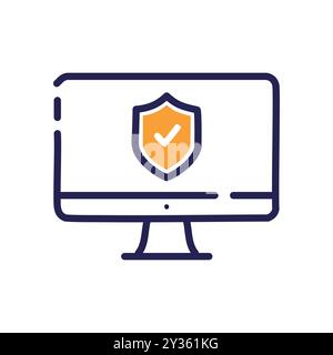 Secure computer icon. Computer monitor with a shield and checkmark, representing security and safety online. Stock Vector