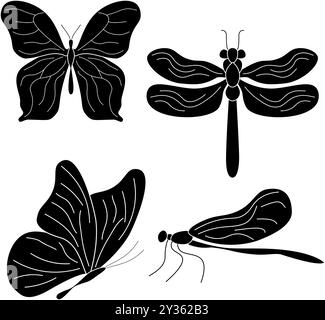 Set of stylized dragonflies and butterflies. Collection of linear flying dragonflies and butterflies. Vector illustration of on a white background. Stock Vector
