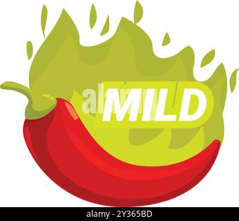Red hot chili pepper over a green splash with a sign saying mild, ideal for representing mild hot sauce products Stock Vector