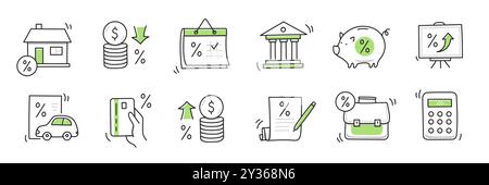 Loan interest rate doodle icon set. Hand drawn sketch doodle line style bank money loan interest rate icon for house, car discount percentage concept. Trendy cute element. Vector illustration Stock Vector