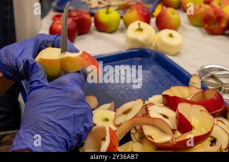 St. Clair Shores, Michigan - Volunteers at the St. Clair Shores Senior Center make apple pies during their annual Apple Pie Week. They make about 900 Stock Photo