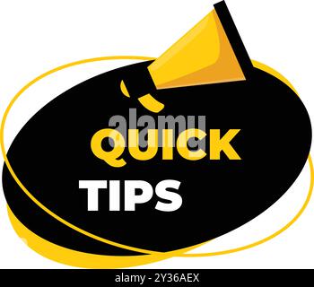 Black oval speech bubble with yellow megaphone is announcing quick tips Stock Vector