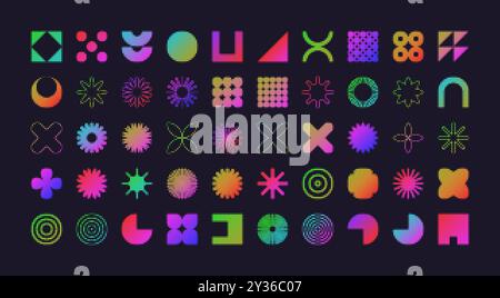 Brutalist geometric shapes, modern symbols with halftone effect. Colorful neon simple primitive elements and forms. Retro design, trendy contemporary Stock Vector
