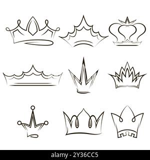 Hand drawn crowns. King, queen doodle crown and princess tiara. Vintage ...