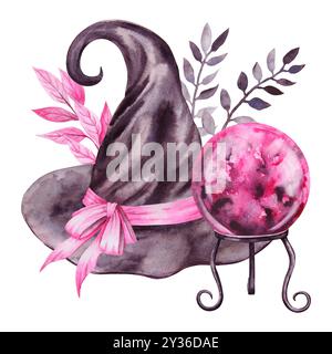 Black hat of witch, sorcerer, magician, pink chrystal magic ball of predictions Gothic vintage attribute of Halloween, Sabbath, carnival, theme party Stock Photo