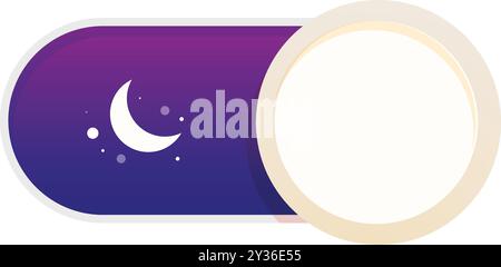 Night mode toggle switch button is turning on, shown by a crescent moon and stars icon on a purple and blue gradient background Stock Vector
