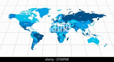 Blue geopolitical map of World. Bottom perspective view with background grid. Vector illustration. Stock Vector