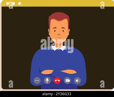 Illustration of a confident businessman crossing his arms during a video call Stock Vector