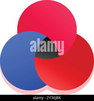 Three colorful circles are overlapping, creating a venn diagram with a shared space in the center Stock Vector